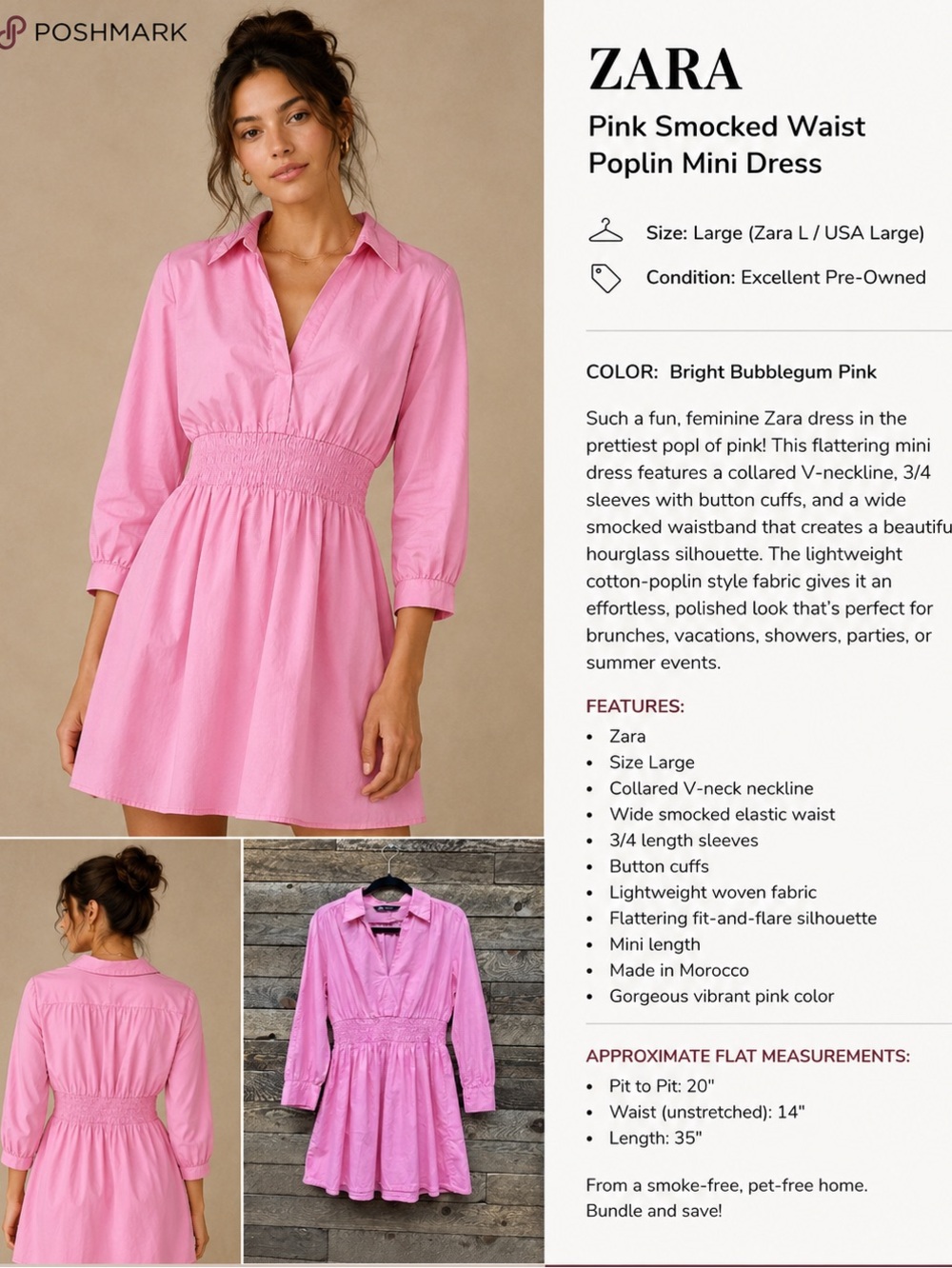 Zara Bright Bubblegum Pink Poplin Collared Mini Dress